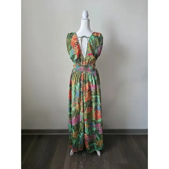 Indulge Style Deep Double V-Neck Green Smocked Floral Maxi Dress Size XL - Picture 2 of 7